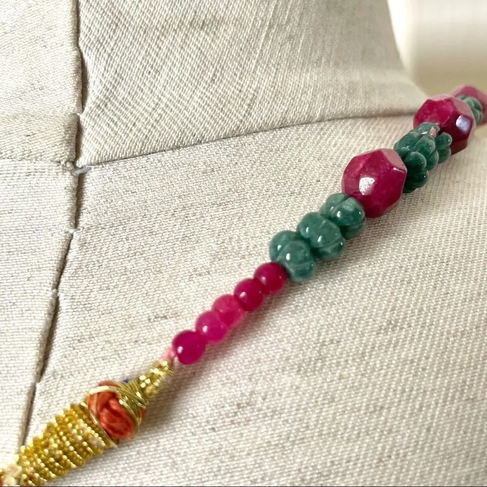 Green aventurine and pink quartz tassel necklace